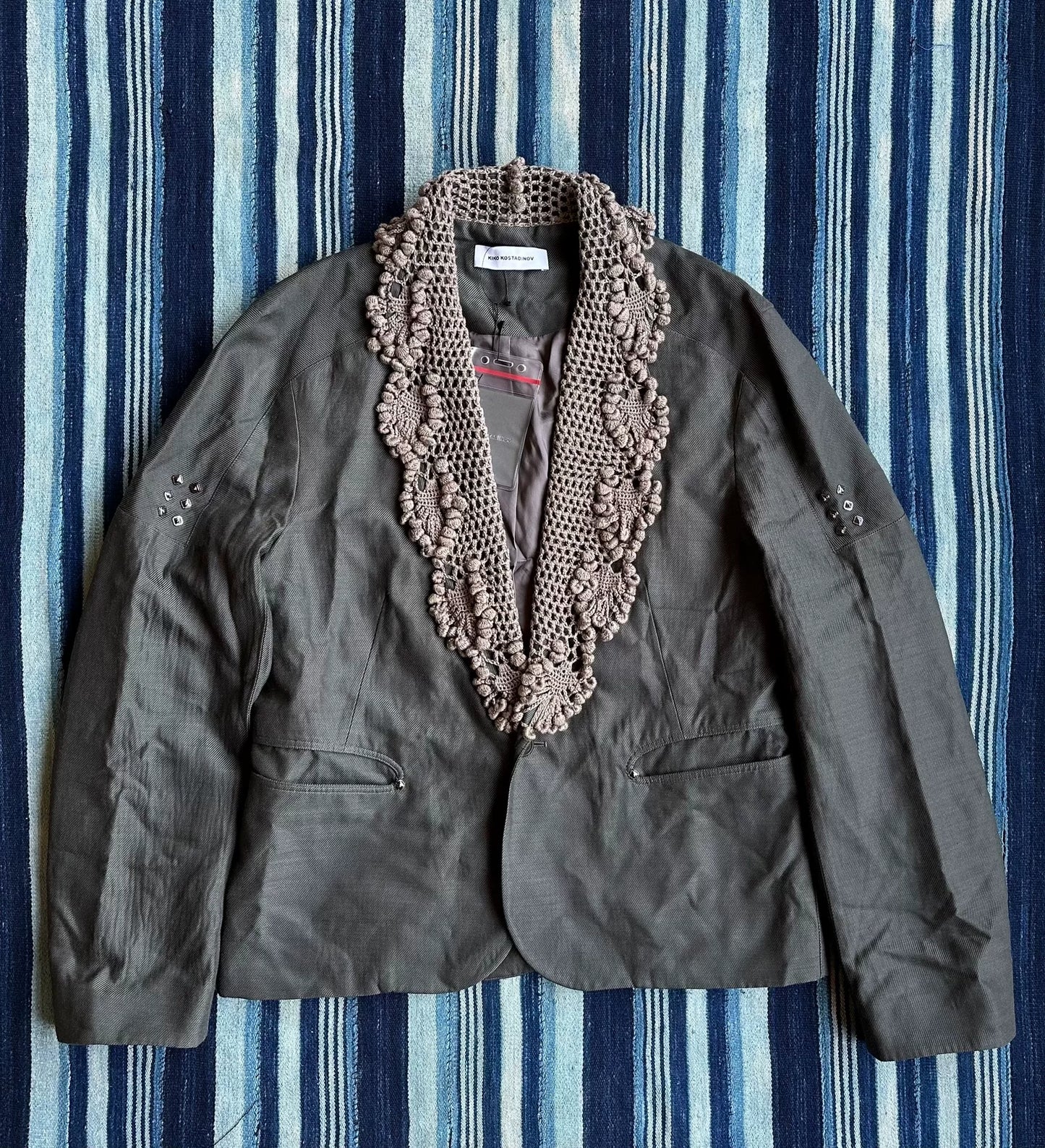 crochet blazer with beaded collar detail