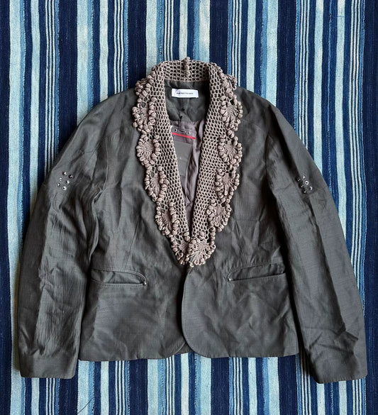 crochet blazer with beaded collar detail