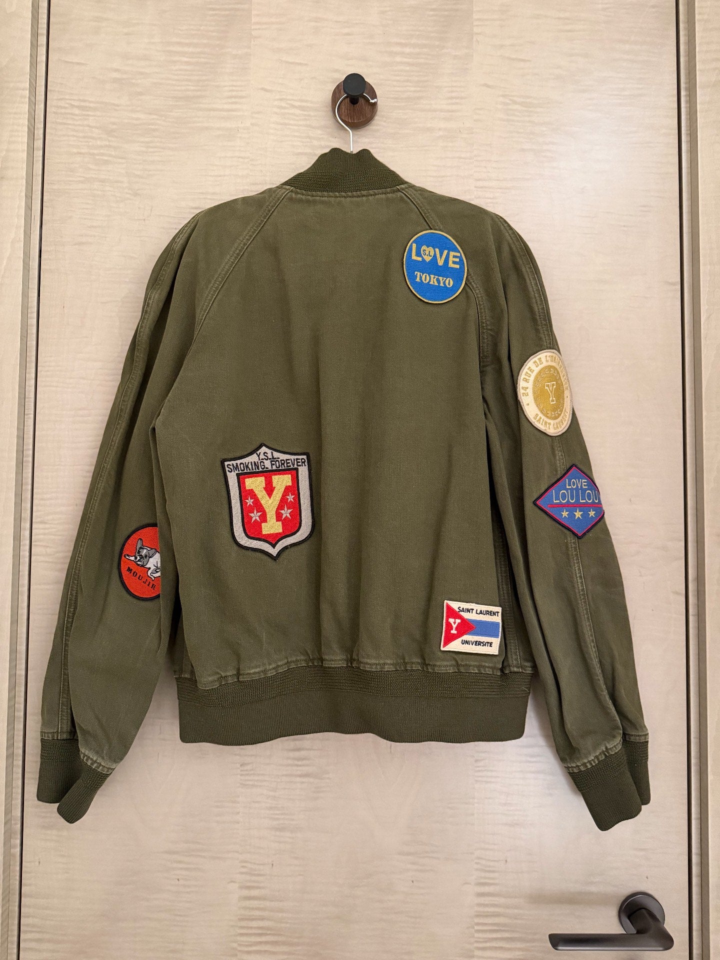 Saint Laurent Olive Green Patch Bomber Jacket