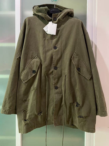 WE11DONE Olive Green Distressed Parka