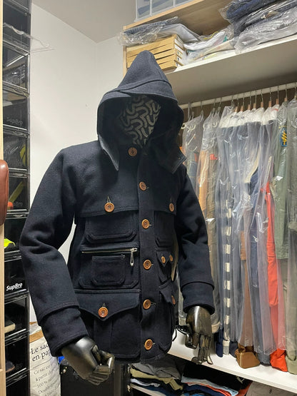 navy wool multi-pocket coat with detachable hood