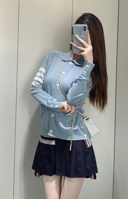 thom browne light blue striped wool cardigan