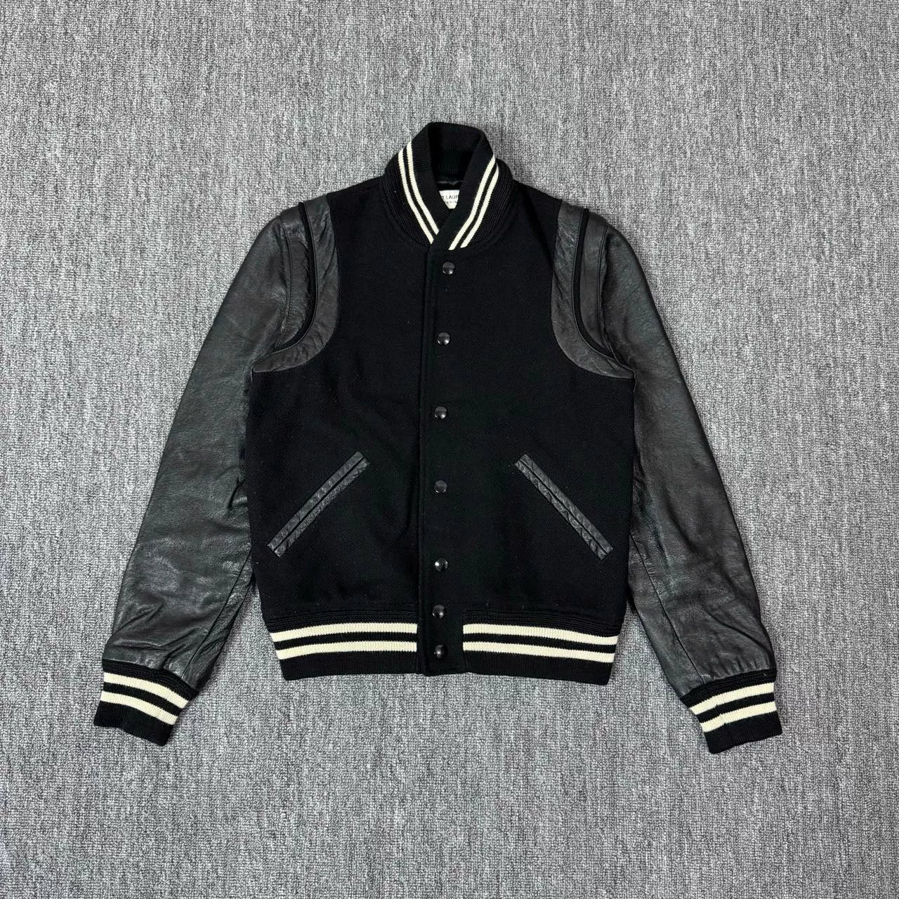 Saint Laurent Black Varsity Leather Sleeves Jacket