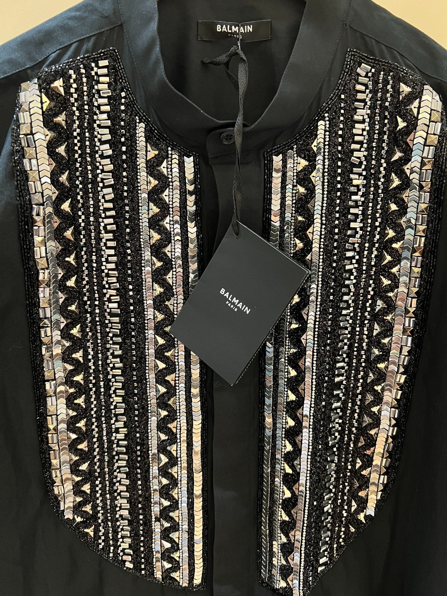 Balmain Black Silver Sequin Cotton Shirt
