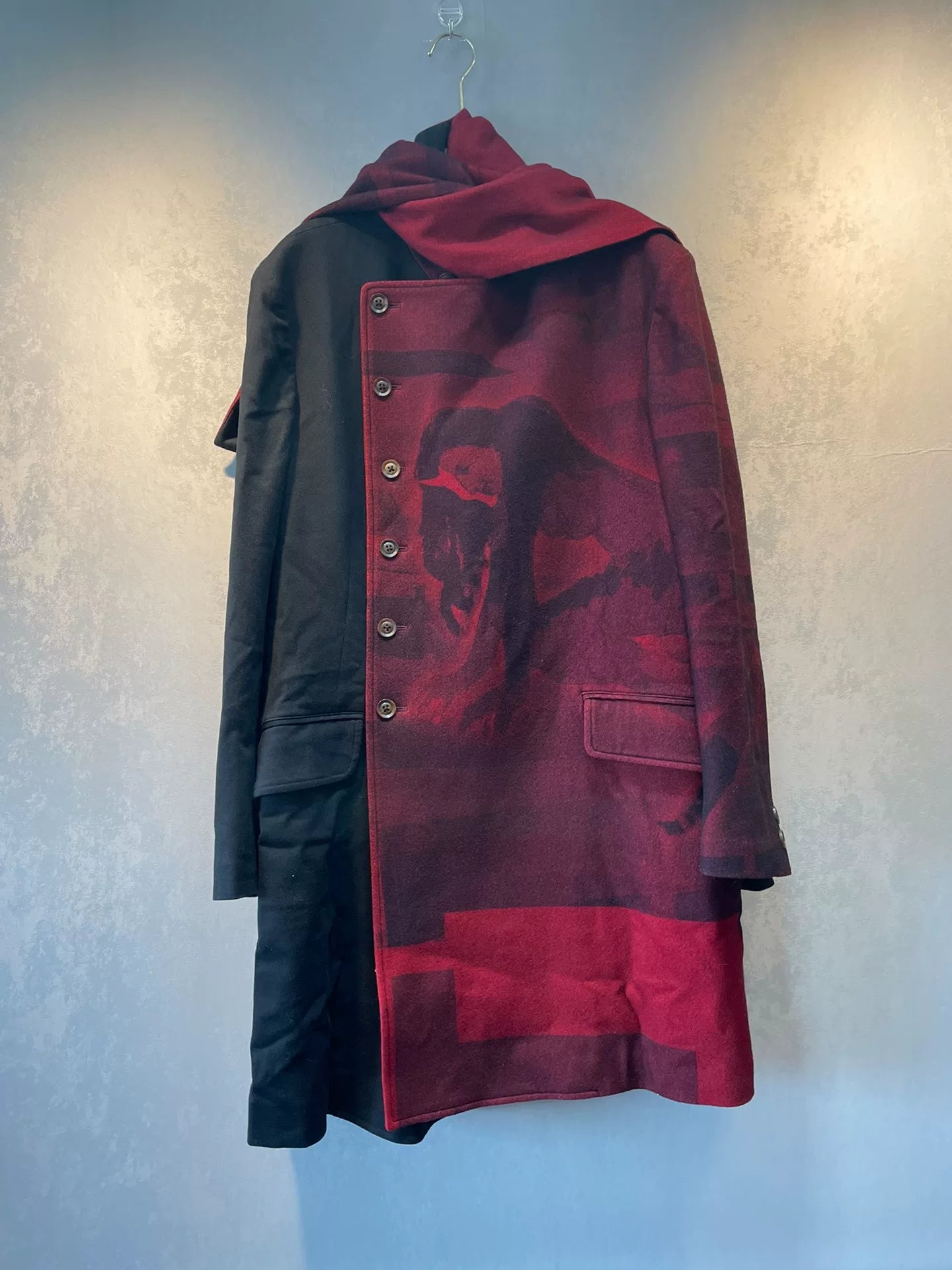 yohji yamamoto red black coat and scarf