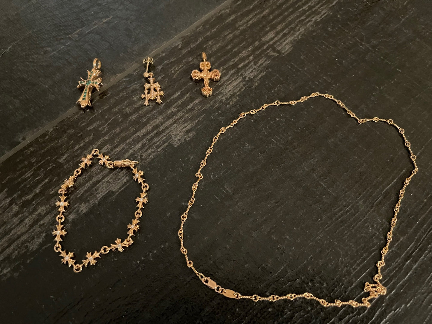 Chrome Hearts 22k Gold Tiny E Diamond Cross Bracelet