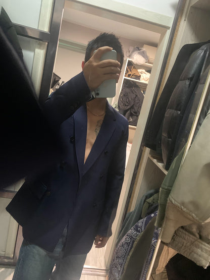 double-breasted navy blazer by calvin klein