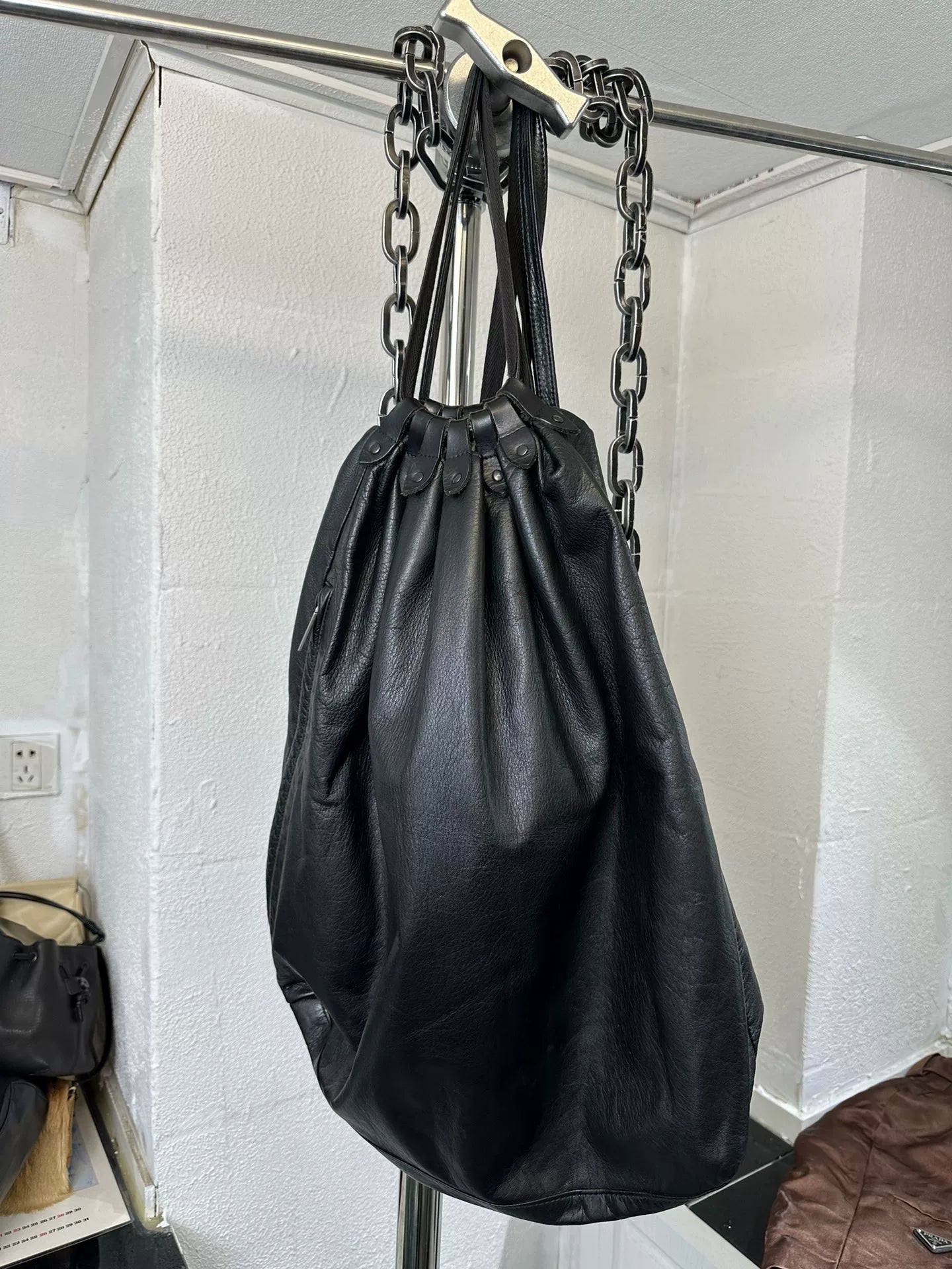 yohji yamamoto leather drawstring bag