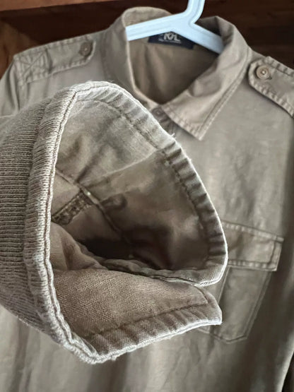 khaki military style pullover shirt jacket