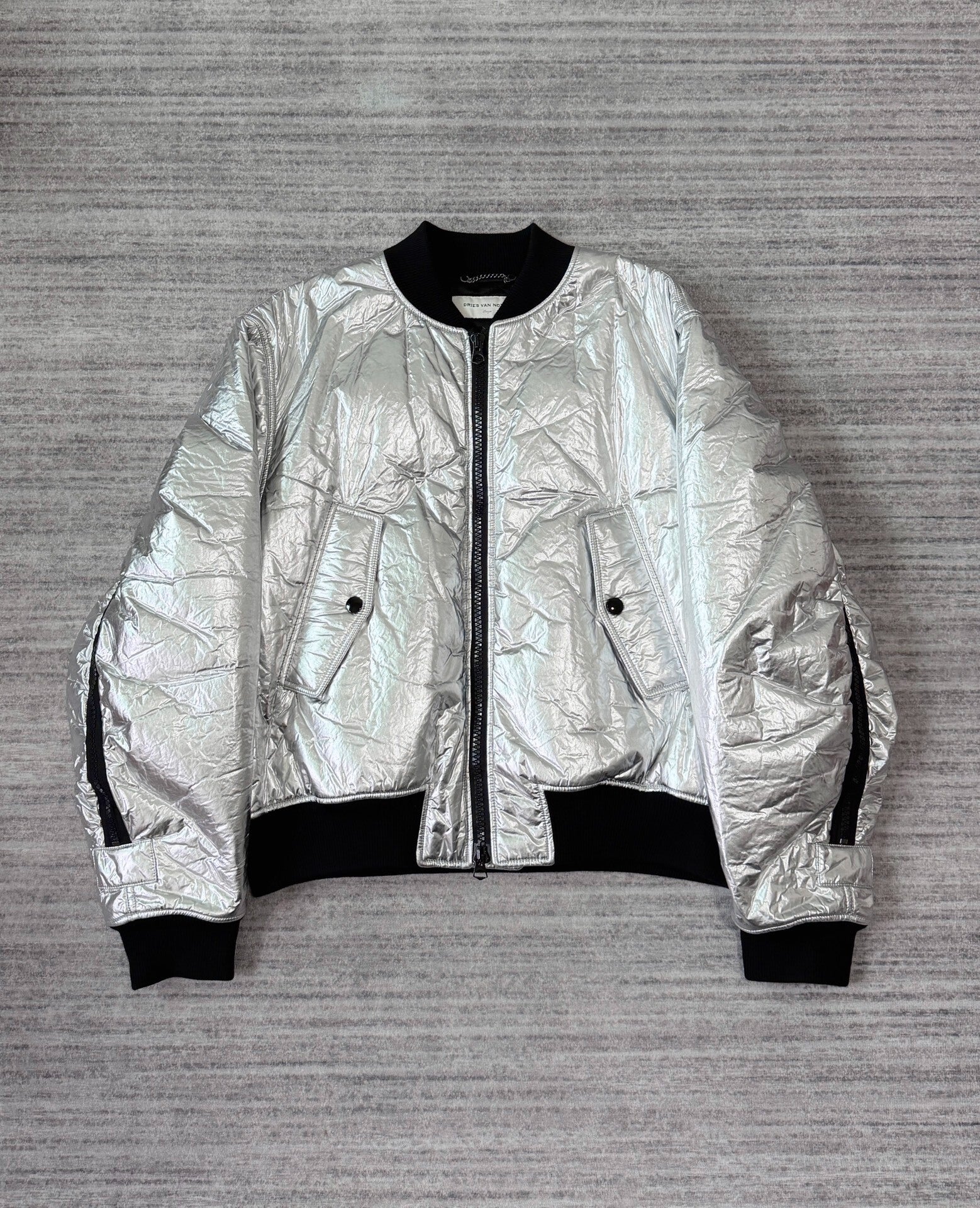 silver bomber jacket with back zipper