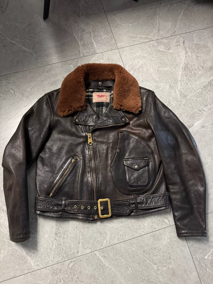 vintage brown leather biker jacket for winter