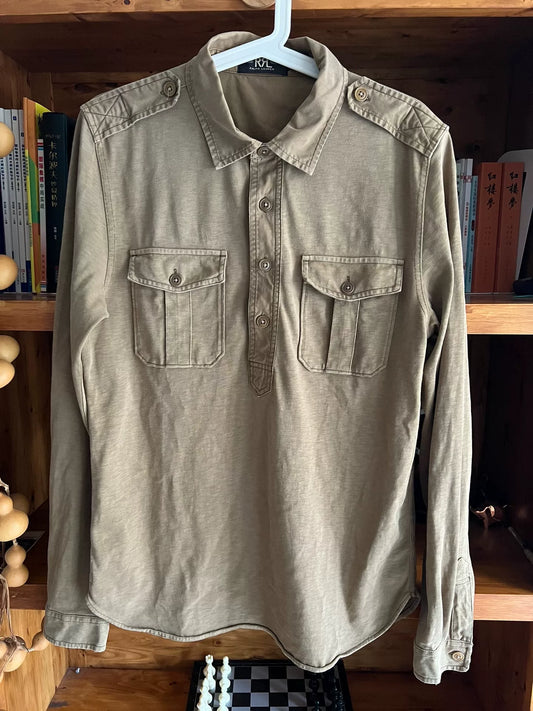 khaki military style pullover shirt jacket