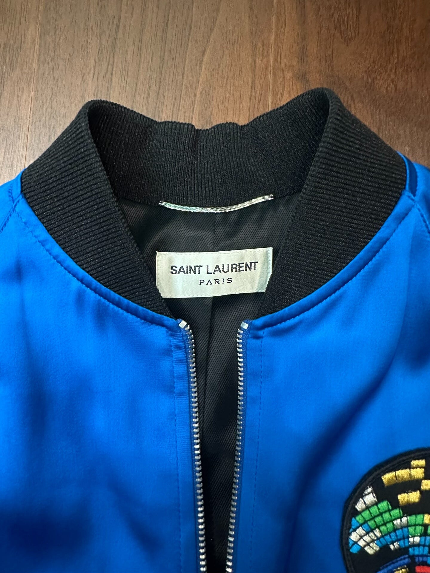 Saint Laurent Blue Satin Shark Bomber Jacket
