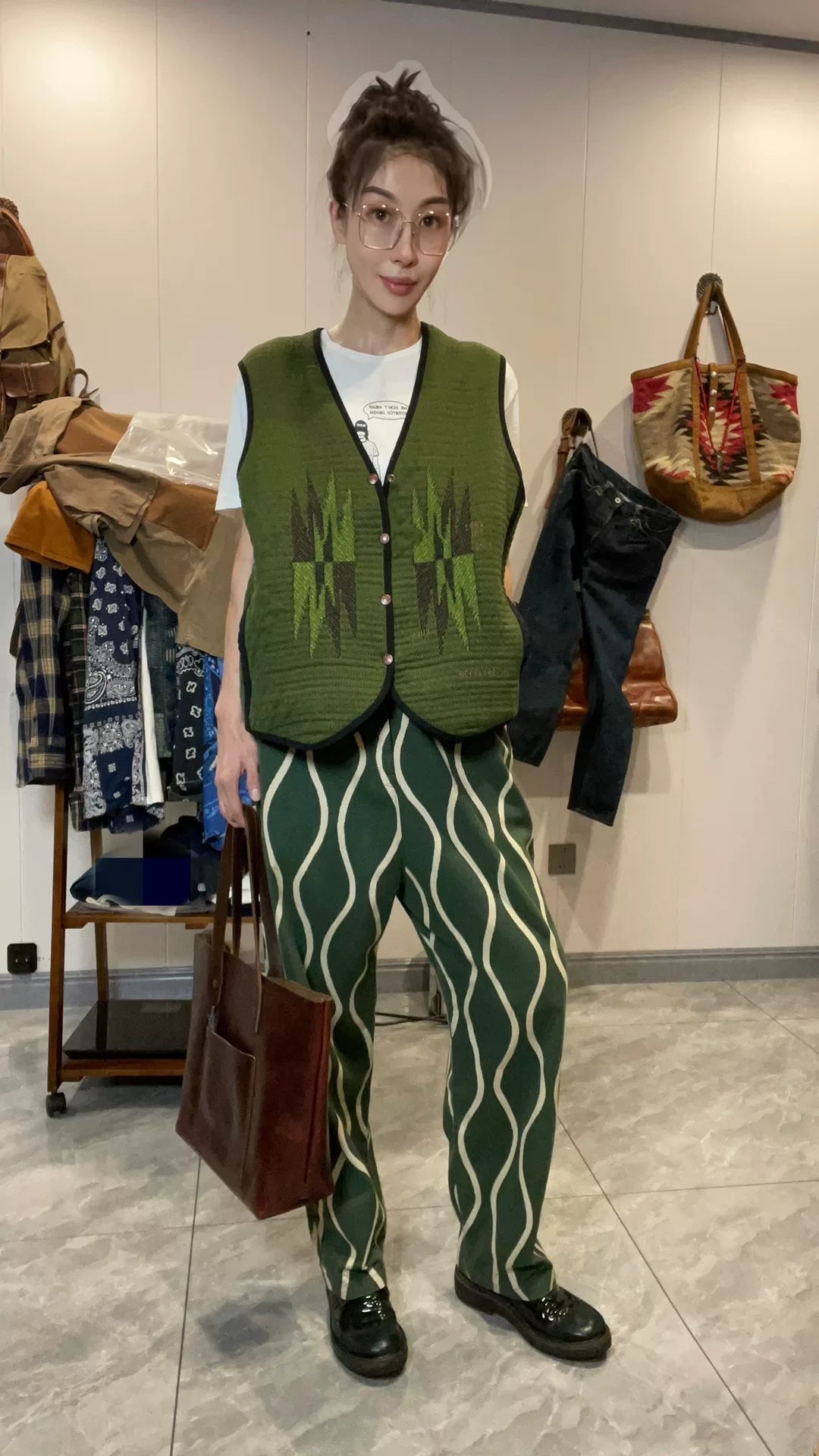 KAPITAL Cotton-Linen Wave Print Unisex Pants
