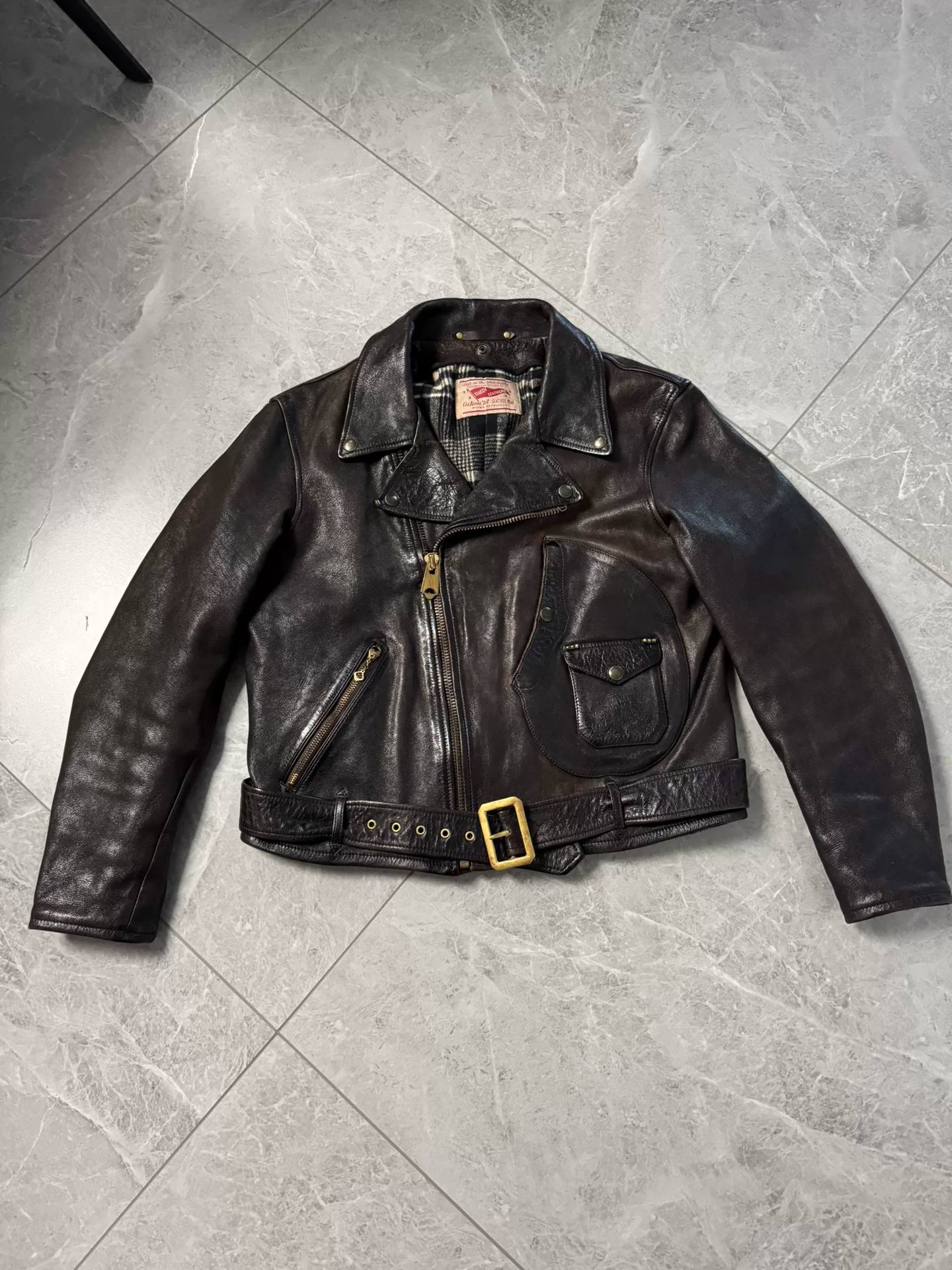 vintage brown leather biker jacket for winter
