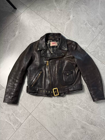 vintage brown leather biker jacket for winter