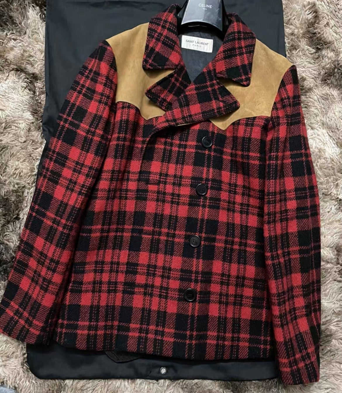 SAINT LAURENT Red Black Plaid Jacket