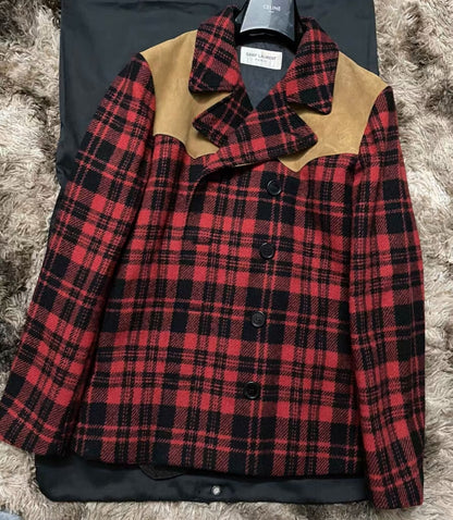 SAINT LAURENT Red Black Plaid Jacket