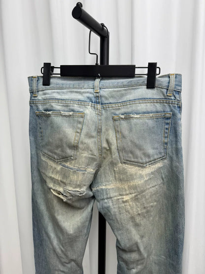 classic washed denim pants with distressing