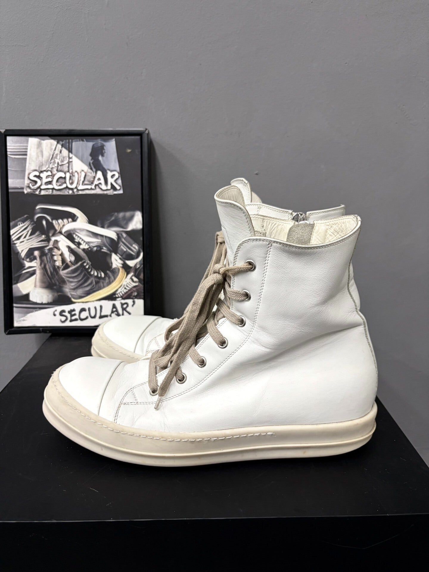 Rick Owens Leather White High-Top Sneakers