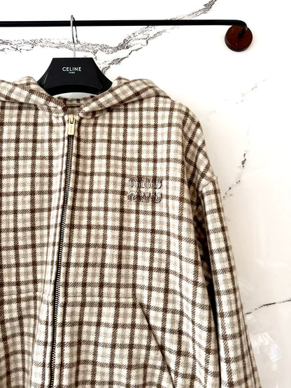 miumiu checked hooded zip-up jacket