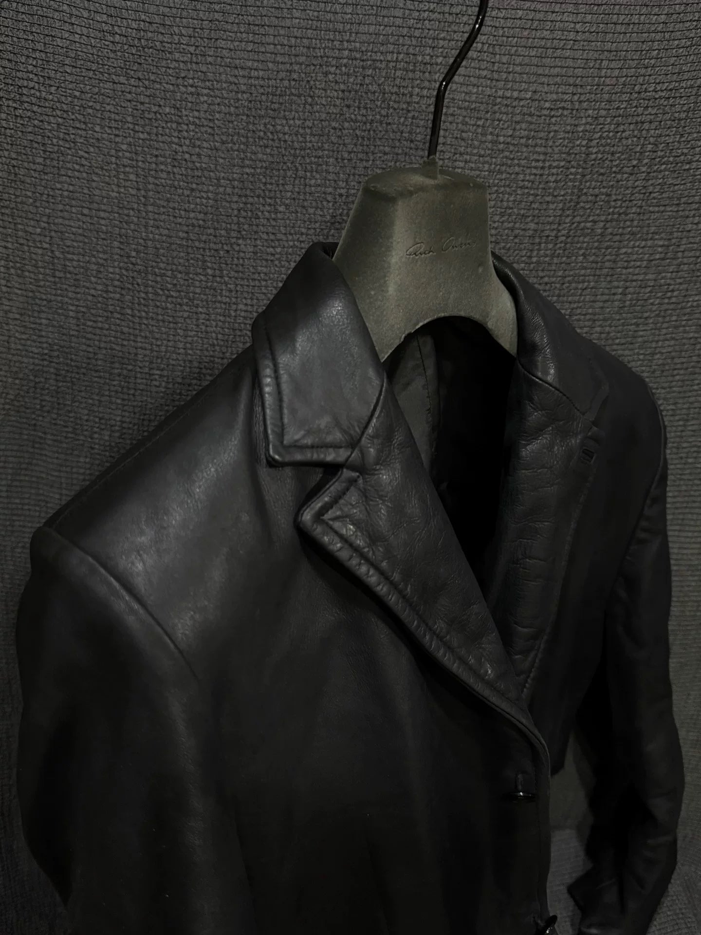 black leather suit coat with vampire style