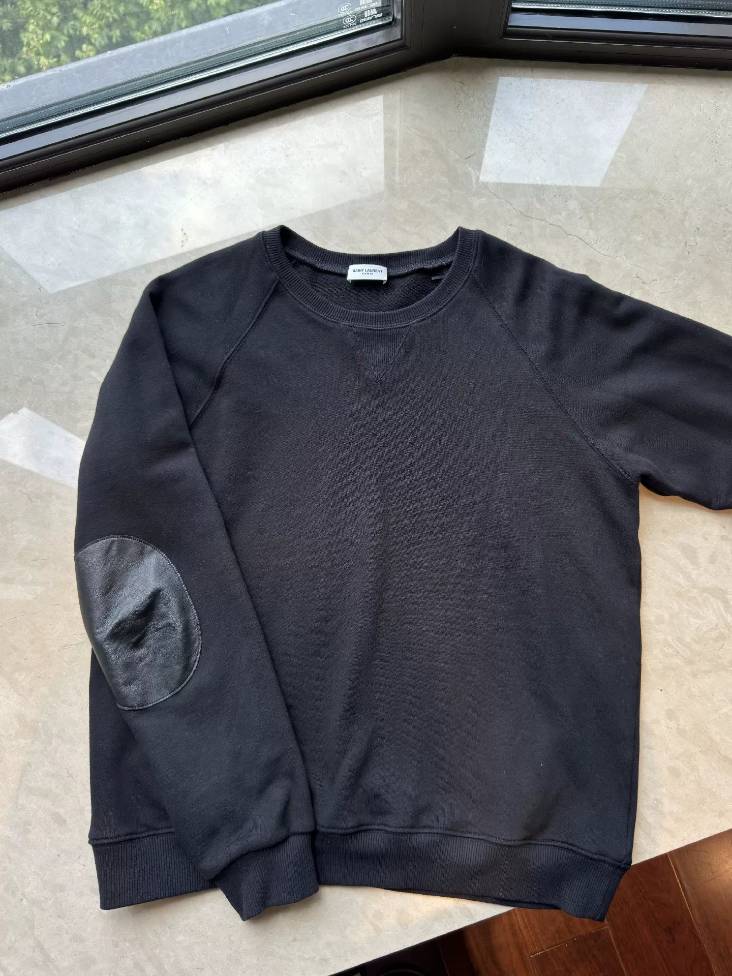 YSL Men's Patchwork Leather Crewneck Sweatshirt