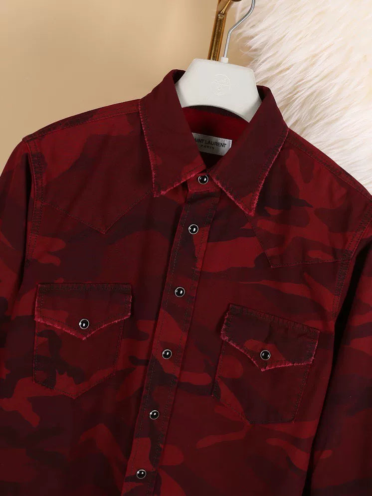 Saint Laurent Men's Red Camo Cotton Shirt
