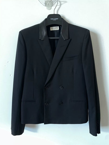 Saint Laurent Black Leather Collar Double-Breasted Blazer