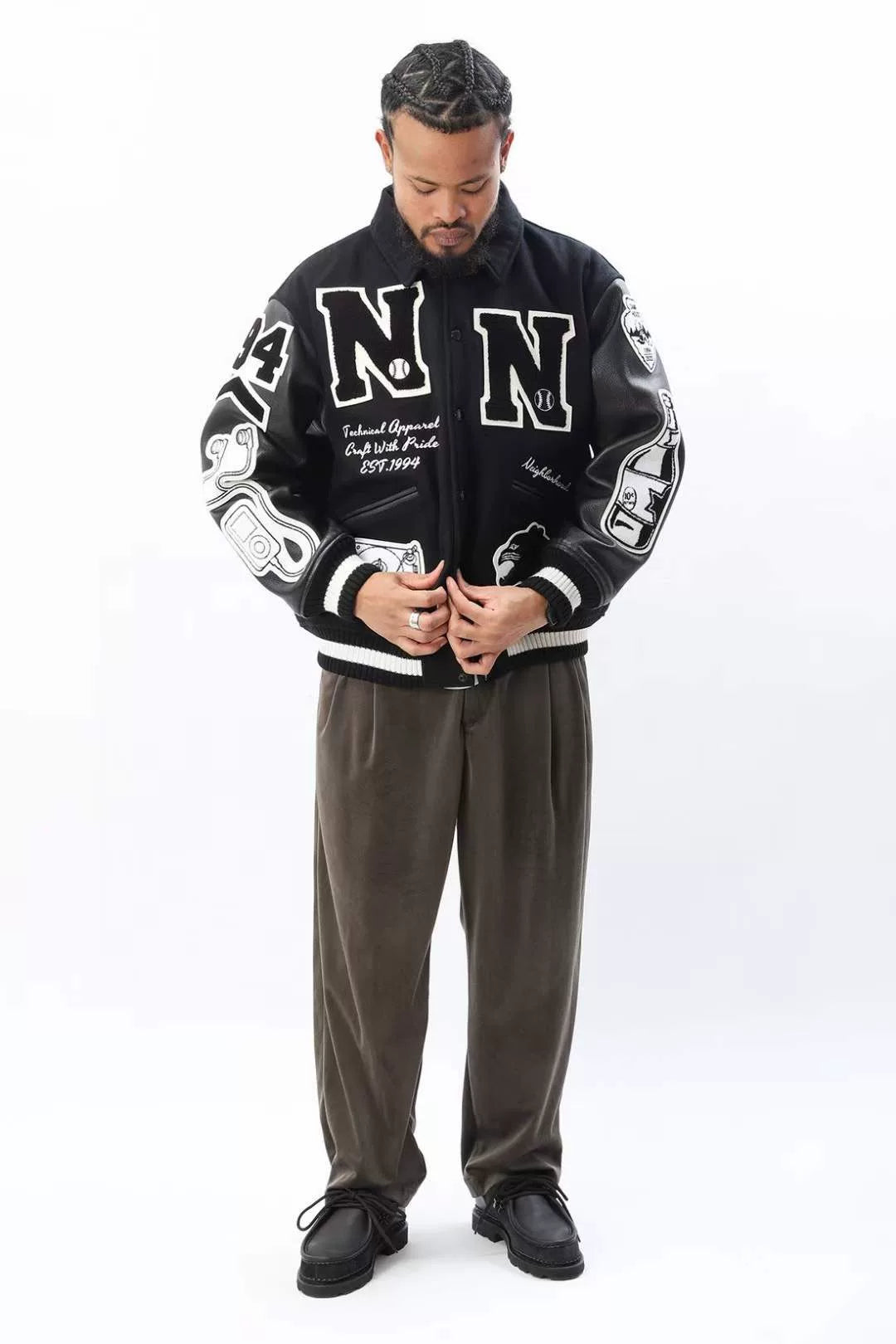 neighborhood stadium jacket with leather sleeves
