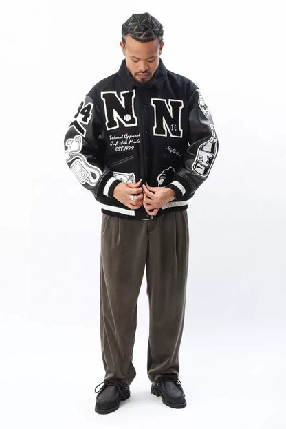 neighborhood stadium jacket with leather sleeves