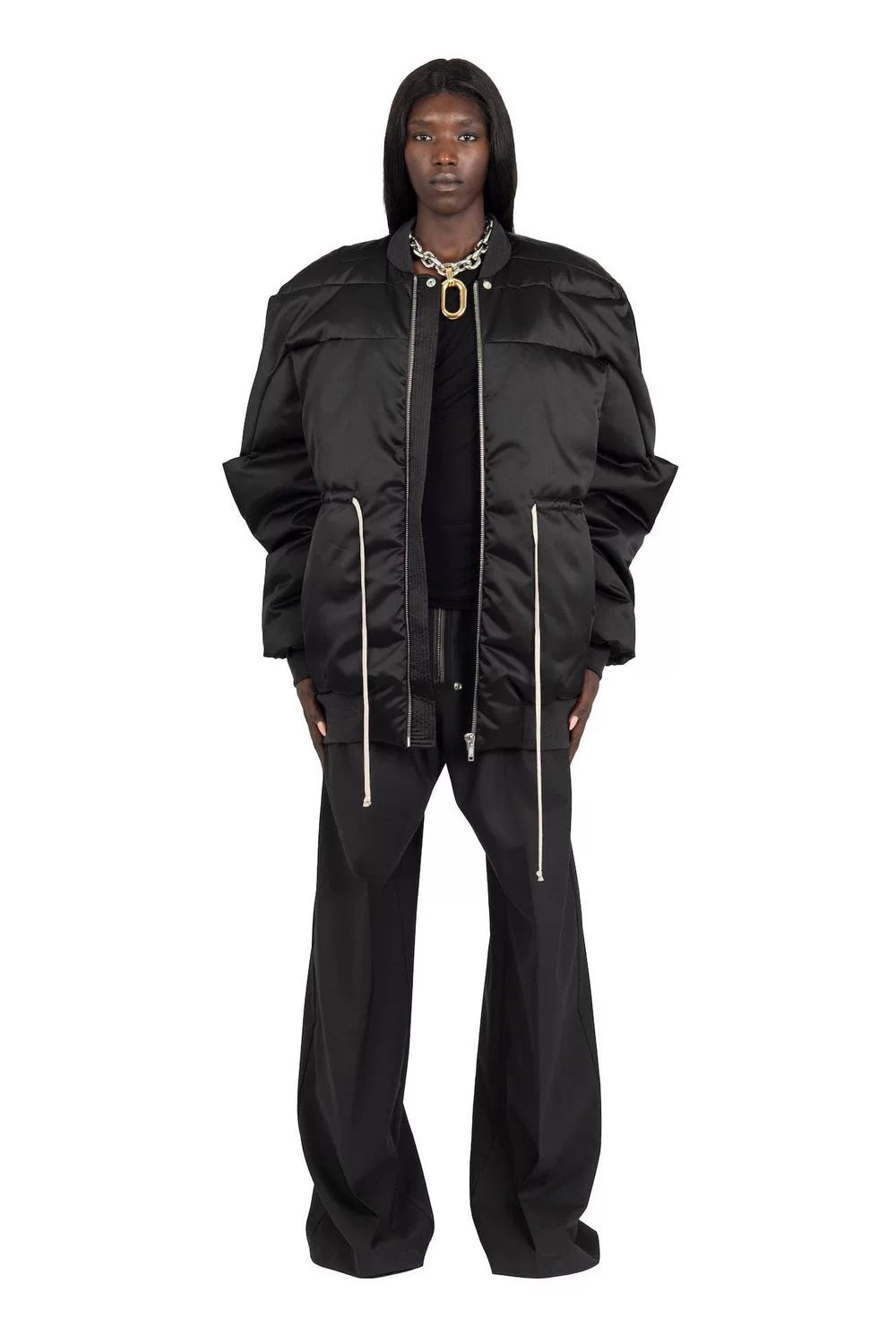 oversized black puffer jacket with waist tie