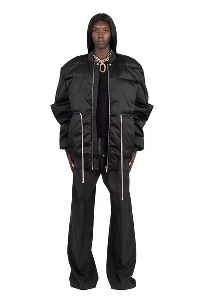 oversized black puffer jacket with waist tie