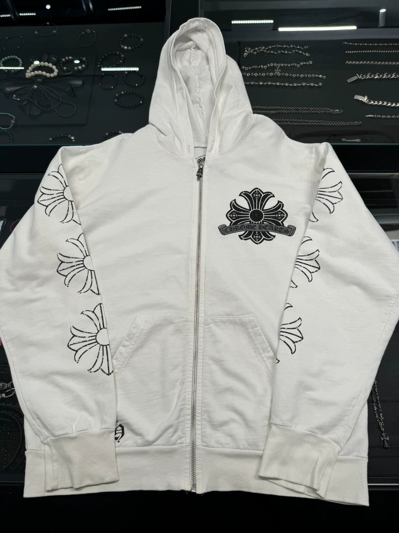 Chrome Hearts White Zip Hoodie with Cross Design-yf