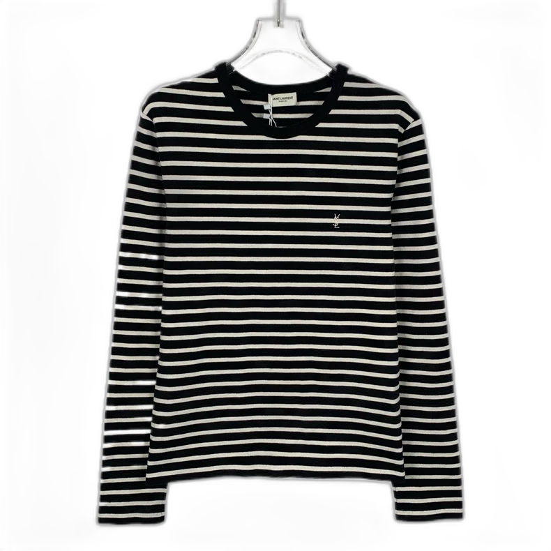 Saint Laurent Striped Logo Knit Long Sleeve Shirt