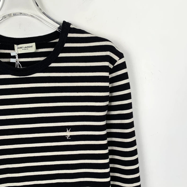 Saint Laurent Striped Logo Knit Long Sleeve Shirt