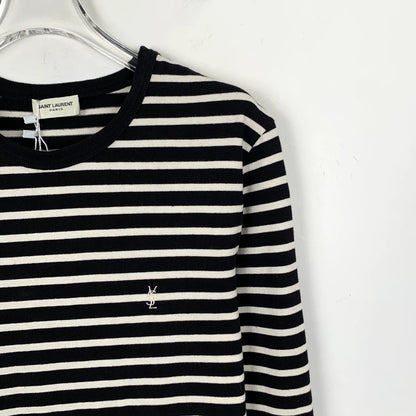 Saint Laurent Striped Logo Knit Long Sleeve Shirt