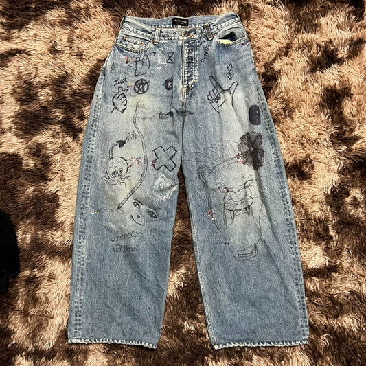 Balenciaga 22FW Crystal Graffiti Baggy Jeans