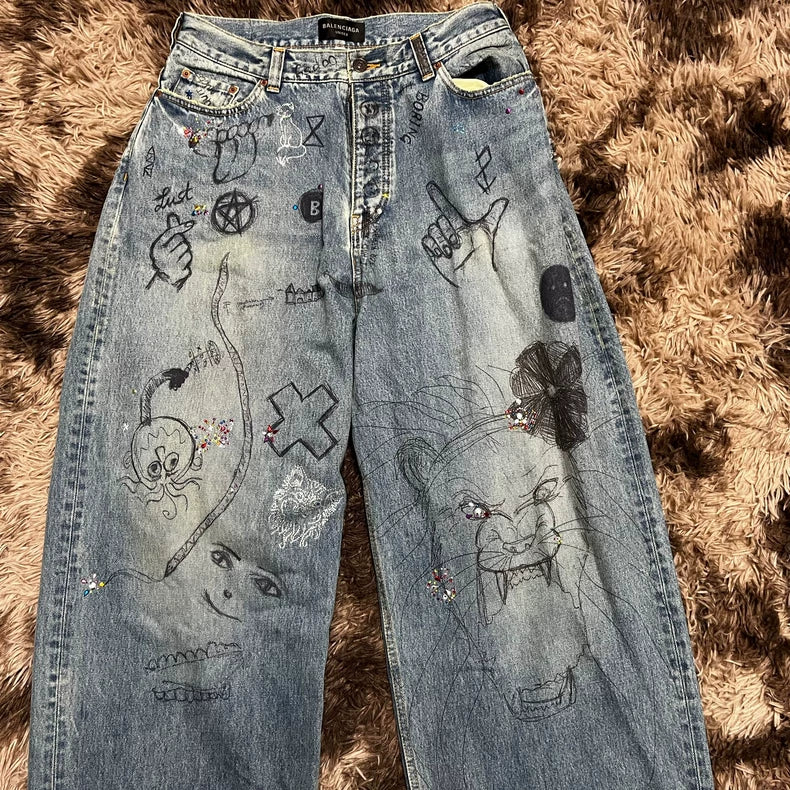 Balenciaga 22FW Crystal Graffiti Baggy Jeans