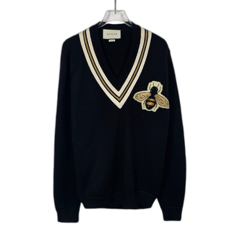 Gucci V-Neck Wool Sweater with Bee Embroidery