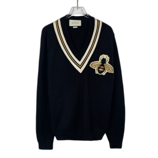 Gucci V-Neck Wool Sweater with Bee Embroidery