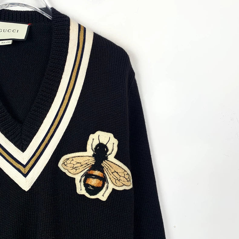 Gucci V-Neck Wool Sweater with Bee Embroidery