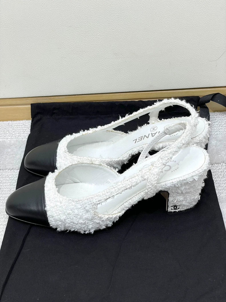 Chanel Black and White Heeled Sandals