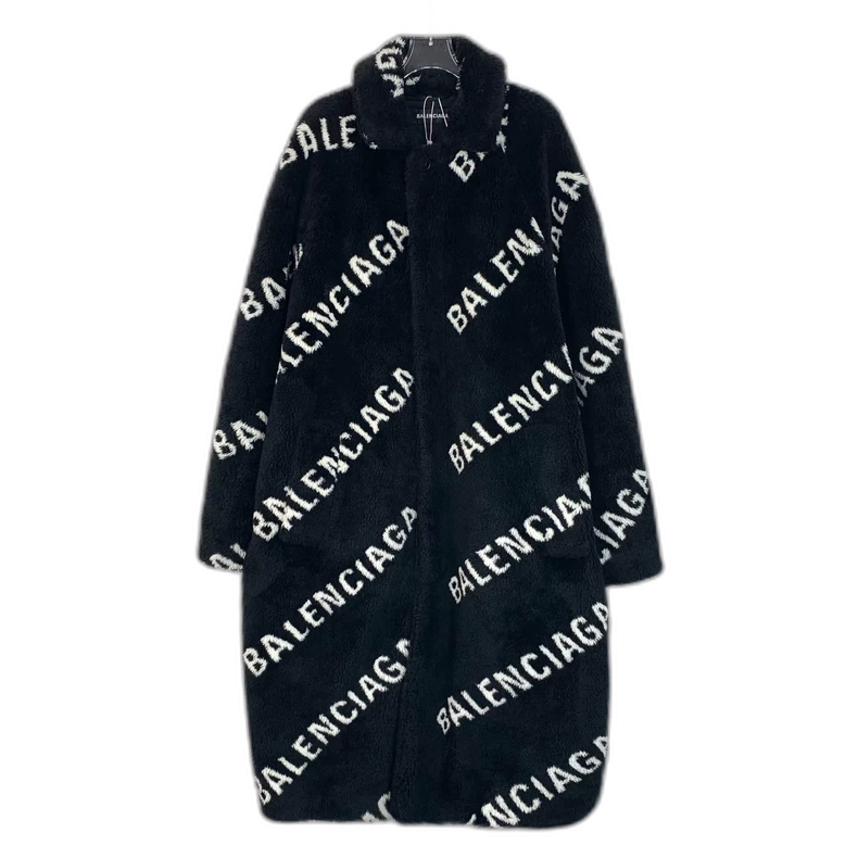 Balenciaga Logo Plush Coat in Black