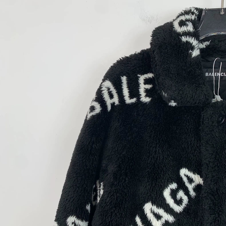 Balenciaga Logo Plush Coat in Black