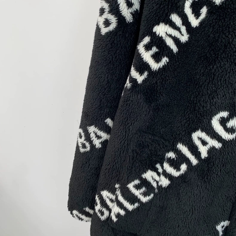 Balenciaga Logo Plush Coat in Black