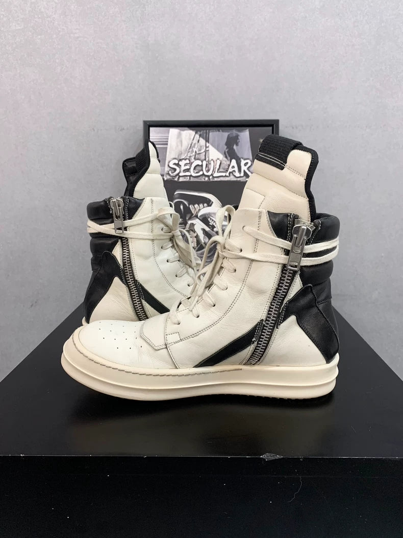 Rick Owens White Black Geobasket Sneakers-yf