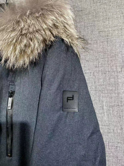 Porsche Design Gray Fur Trim Wool Down Coat