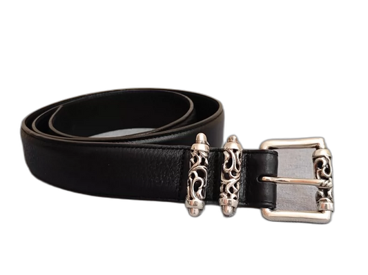 Chrome Hearts Black Leather Belt with Silver Buckle