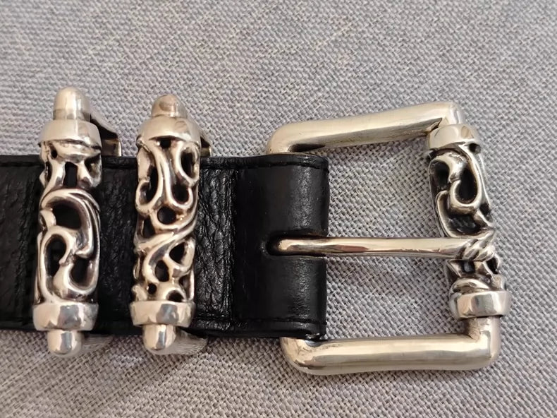 Chrome Hearts Black Leather Belt with Silver Buckle